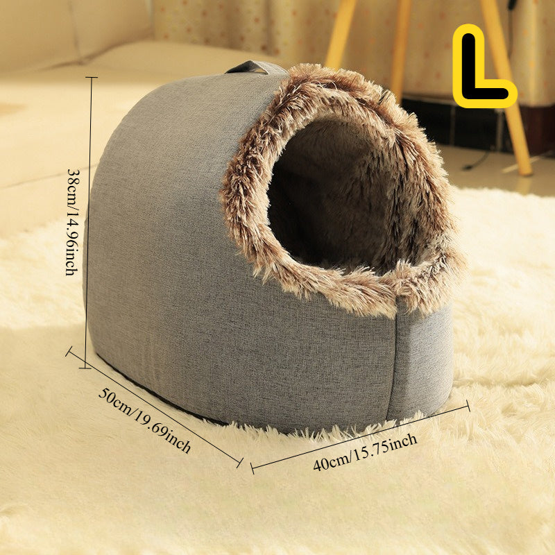 Gray cat cave bed with fluffy brown interior, shown with measurements on a light background