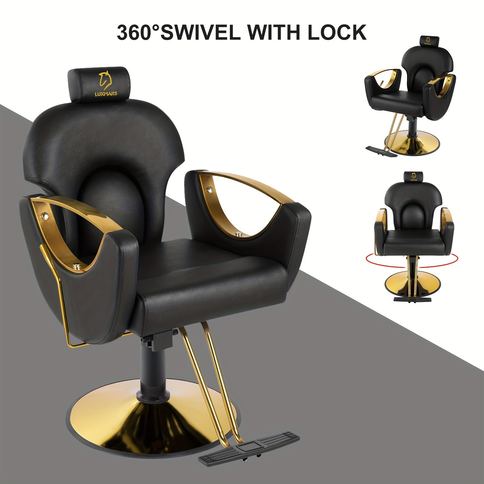 Black and gold reclining barber chair with 360-degree swivel feature on a gray background