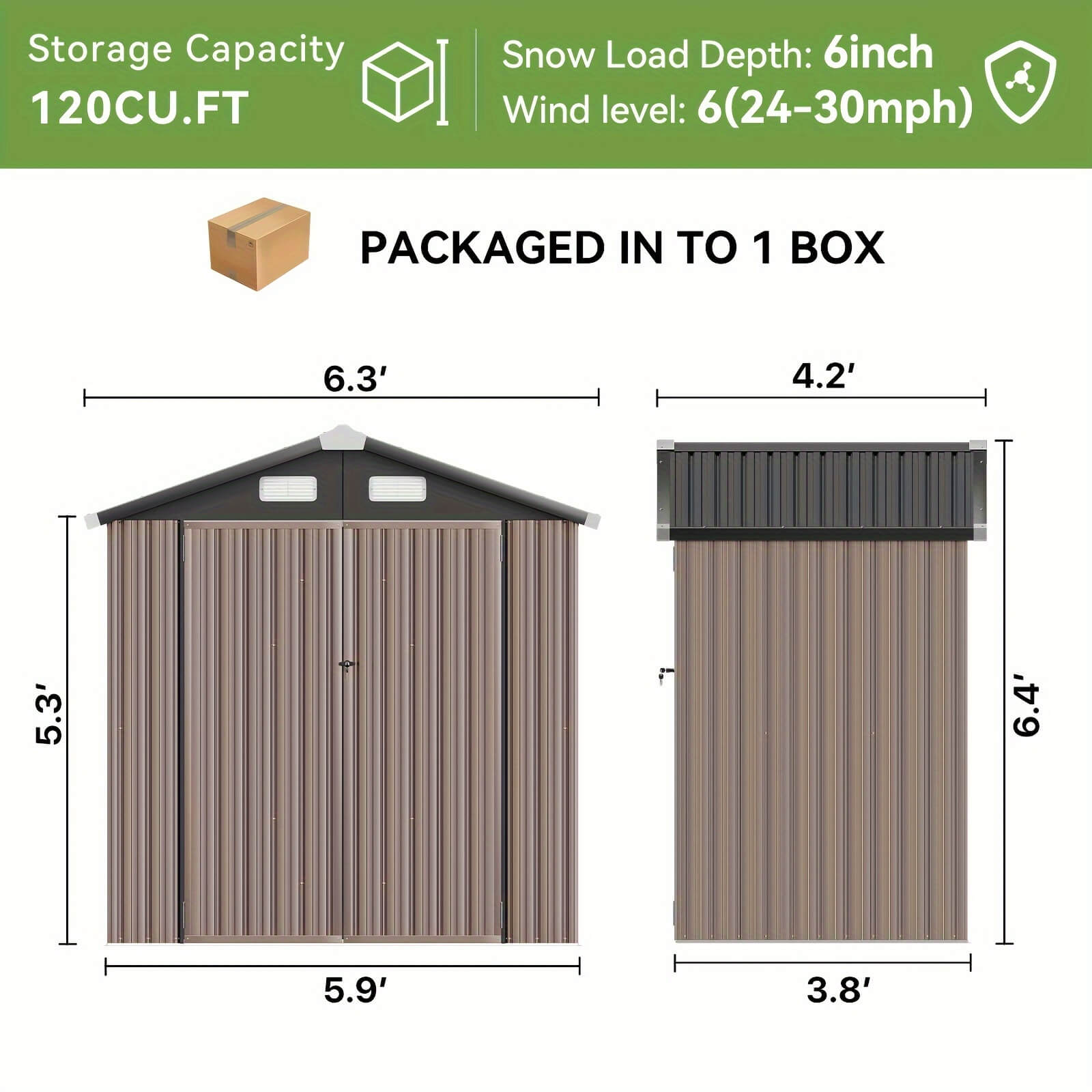 Storage shed dimensions and packaging information on a white background