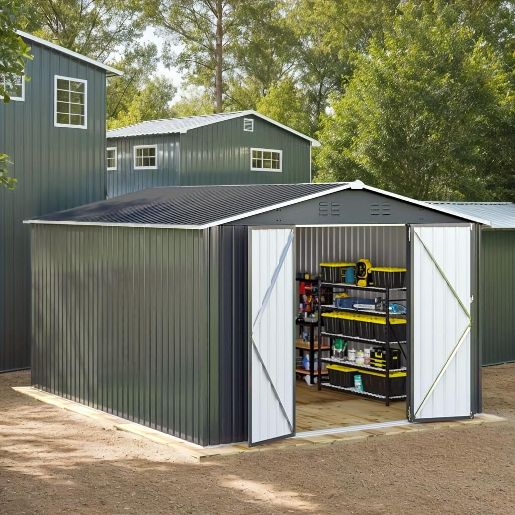 Modern storage shed with open door showing tools and equipment, surrounded by trees.