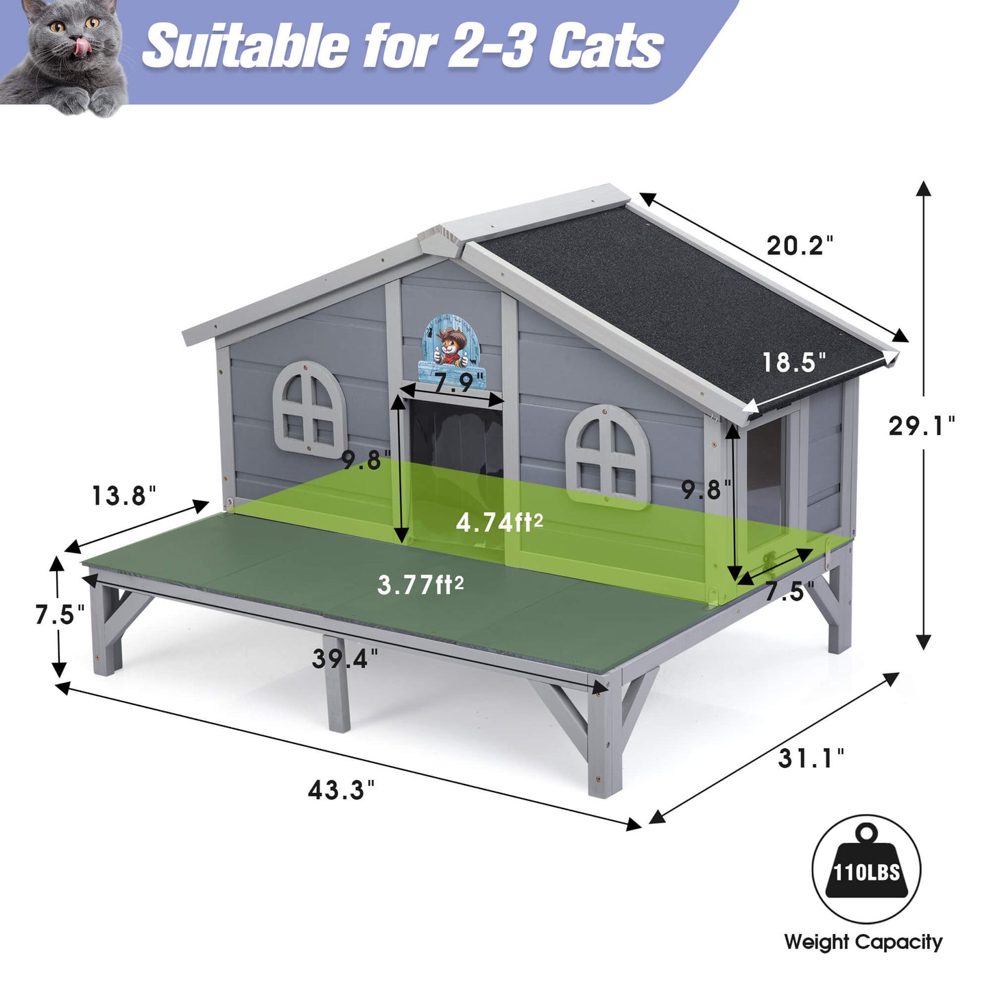 Dimensions of a cat house suitable for 2-3 cats with measurements and weight capacity displayed.