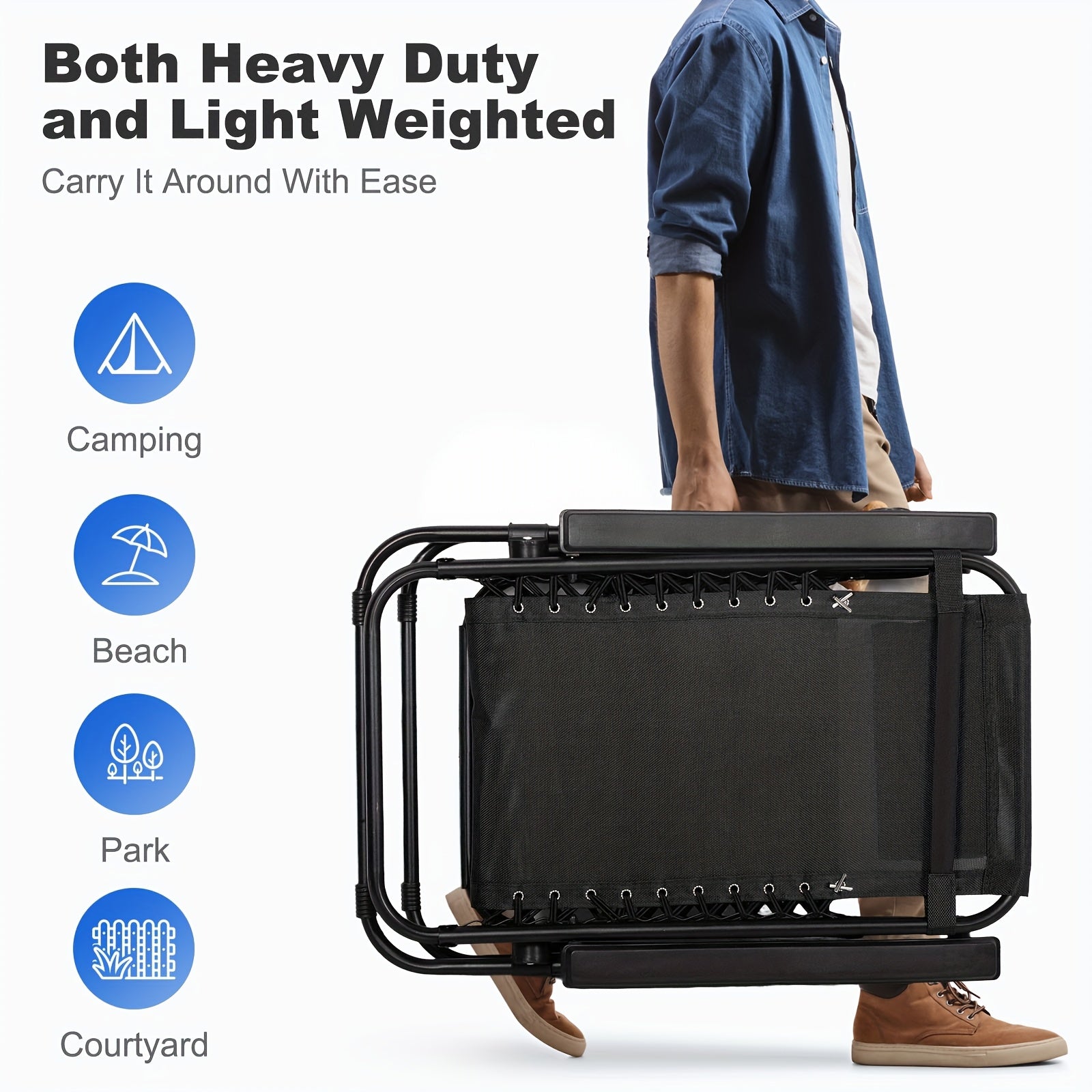Person carrying a portable folding chair with icons for camping, beach, park, and courtyard.