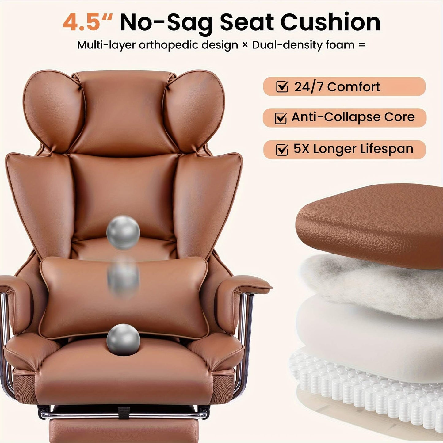 Brown executive office chair with 4.5-inch no-sag seat cushion and features listed.