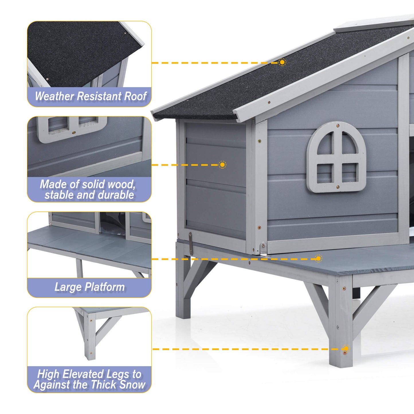 Wooden pet house with weather-resistant roof, solid wood construction, large platform, and elevated legs on a white background.