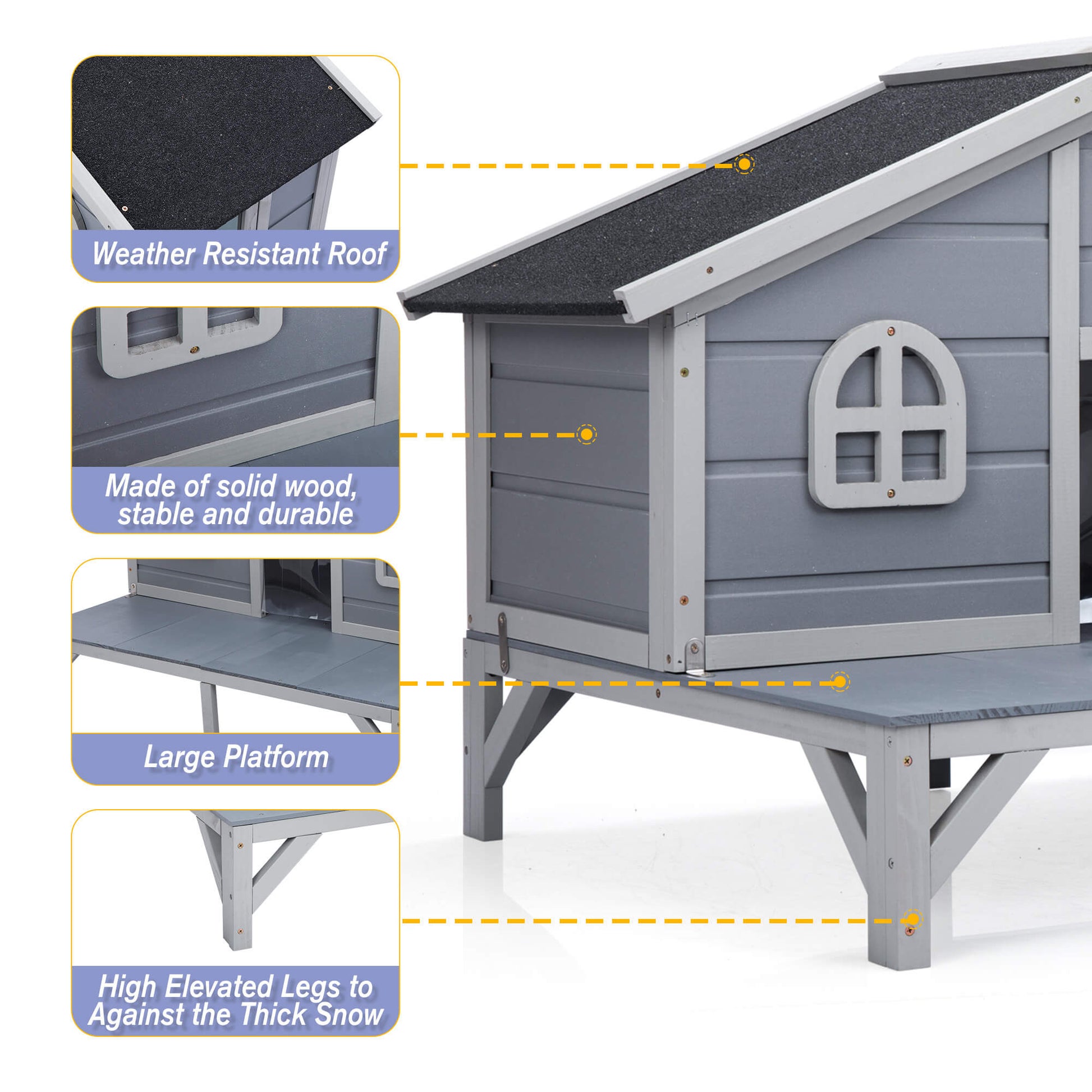 Wooden pet house with weather-resistant roof, solid wood construction, large platform, and elevated legs on a white background.
