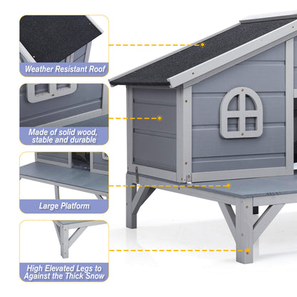 Wooden pet house with weather-resistant roof, solid wood construction, large platform, and elevated legs on a white background.