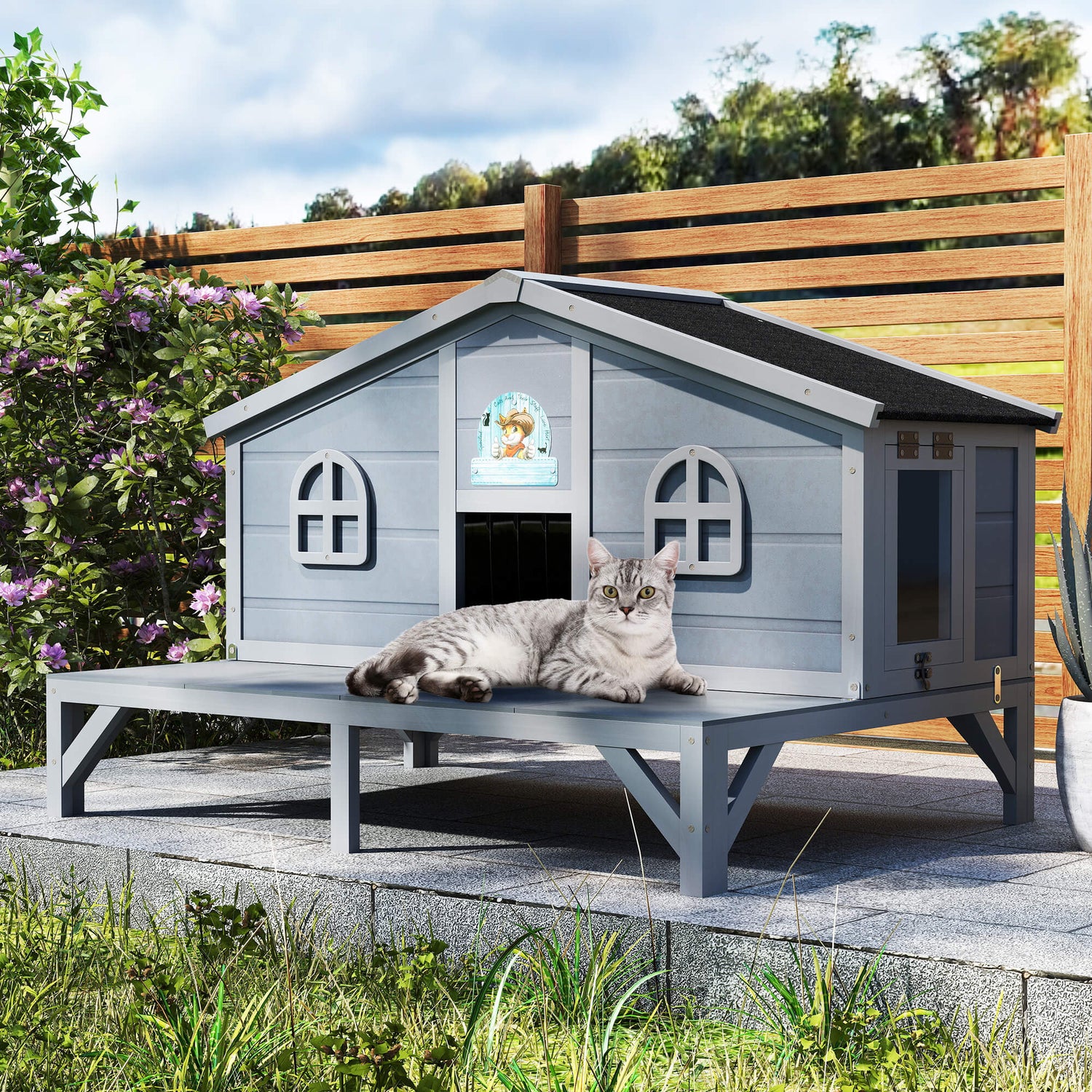 Cat lying on a wooden pet house in a garden setting