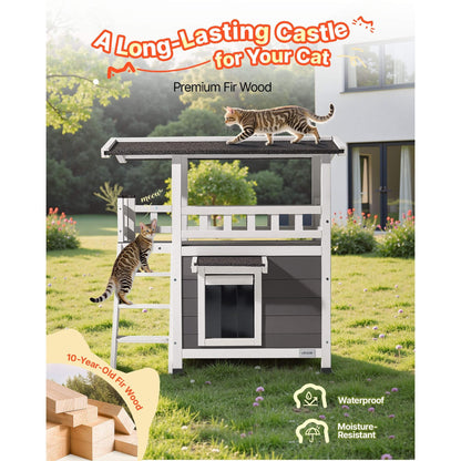 Feral cat outdoor shelter made of premium fir wood with two cats on top, set against a garden background.