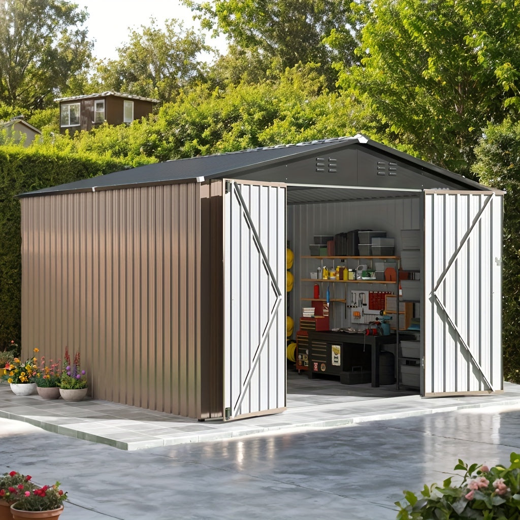 Modern outdoor shed​ with open doors in a garden setting