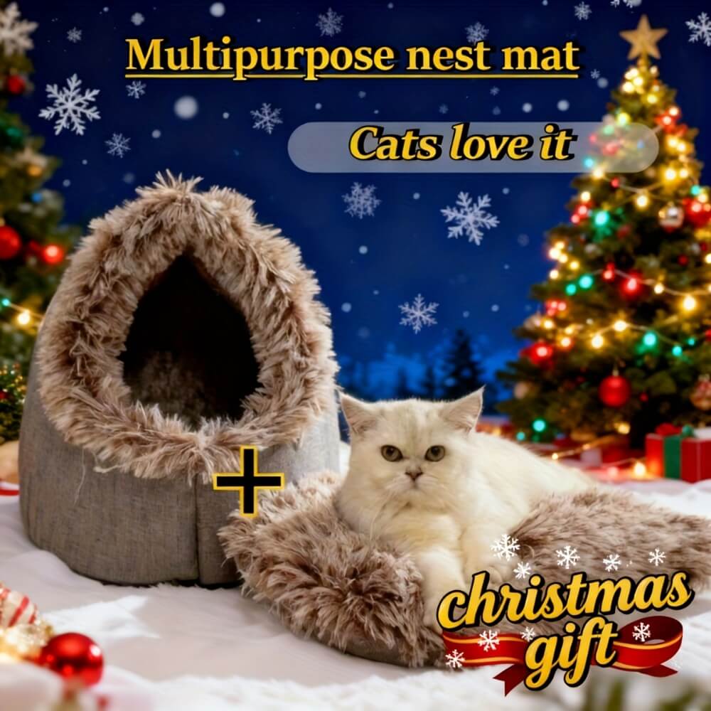 Cat cave bed with a cat in front of a Christmas tree and decorations
