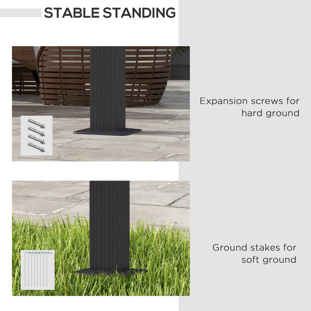 The standing stakes of a Heavy-Duty Aluminum Pergola with Retractable Roof
