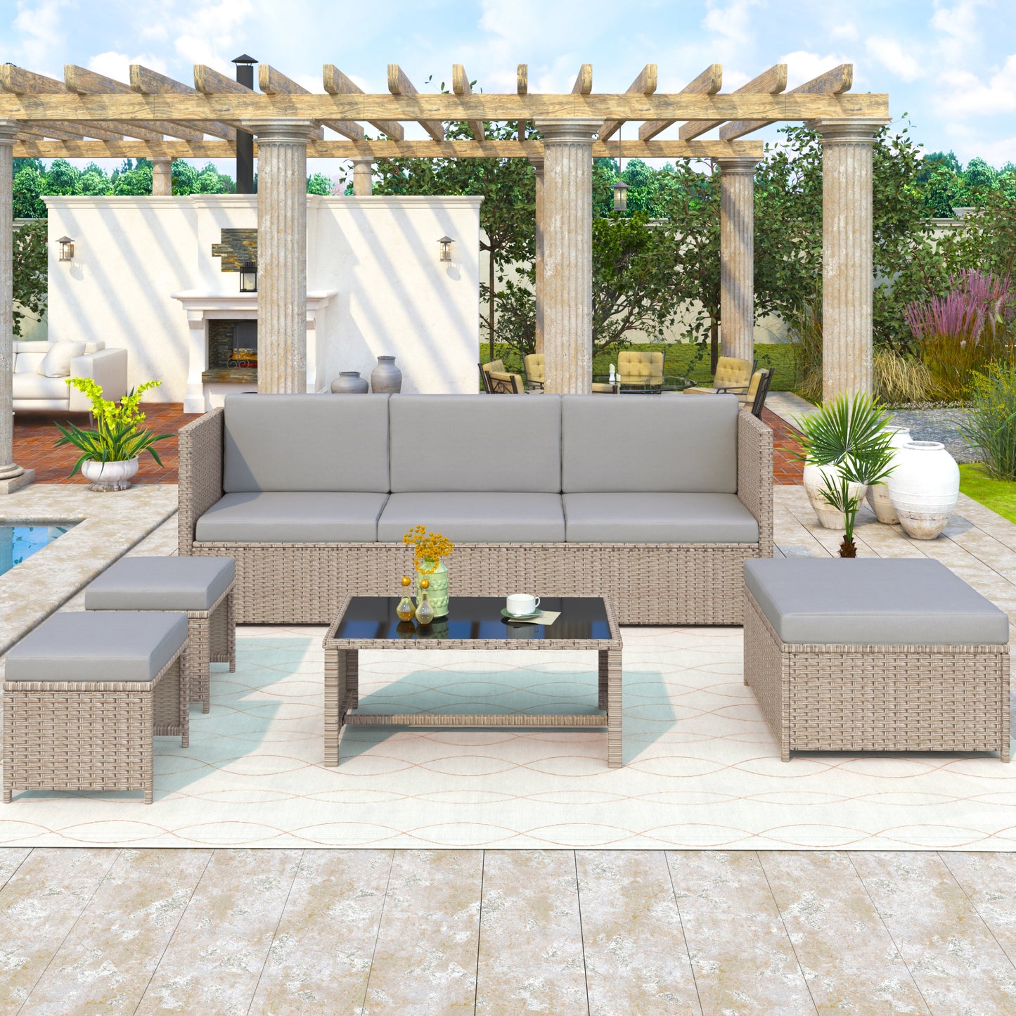 Contemporary rattan sofa set with a pergola in a backyard setting.