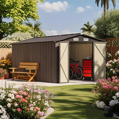 Garden shed with a bicycle and tool chest, surrounded by flowers and a bench.