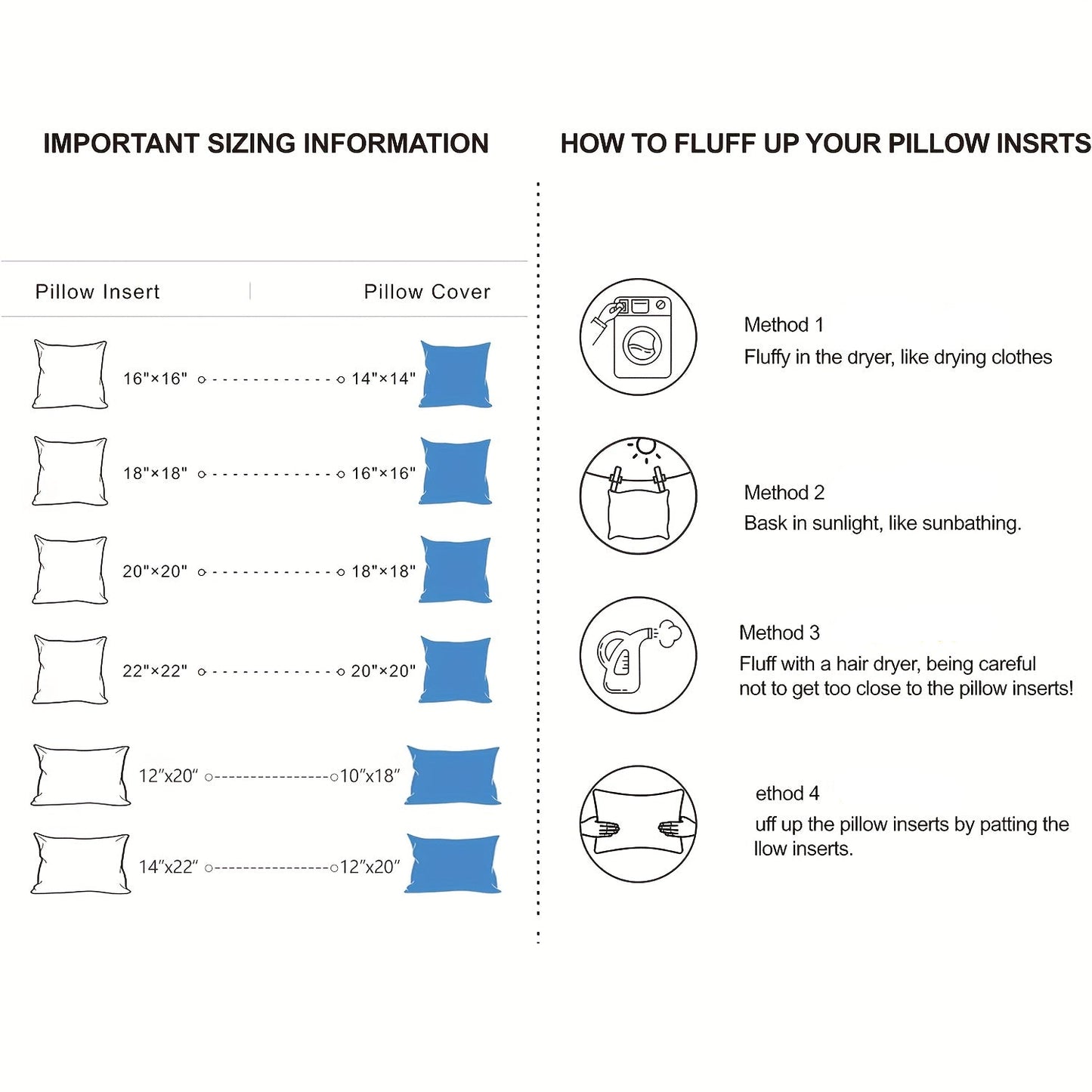 Chart showing pillow insert and cover dimensions with fluffing instructions.