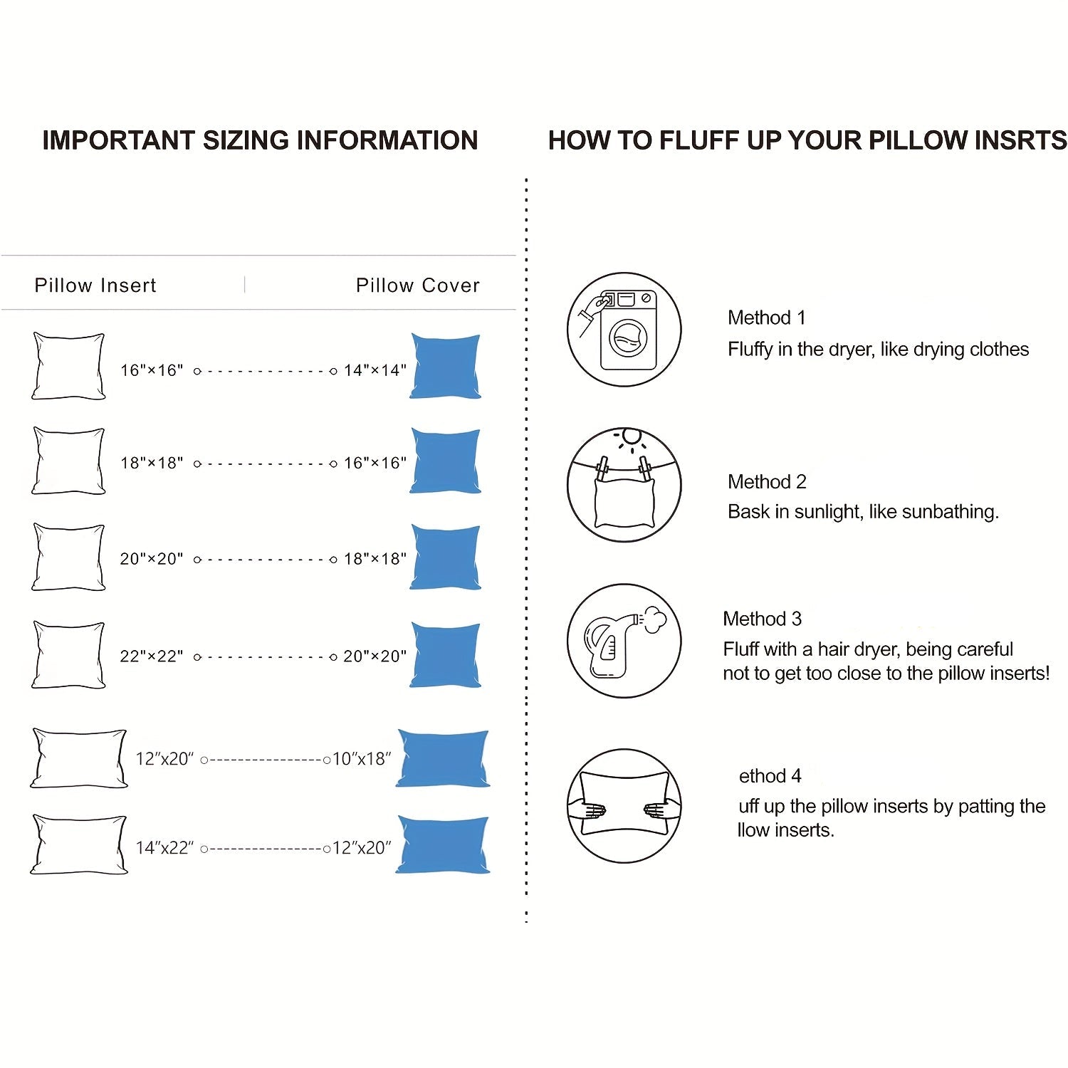 Chart showing pillow insert and cover dimensions with fluffing instructions.