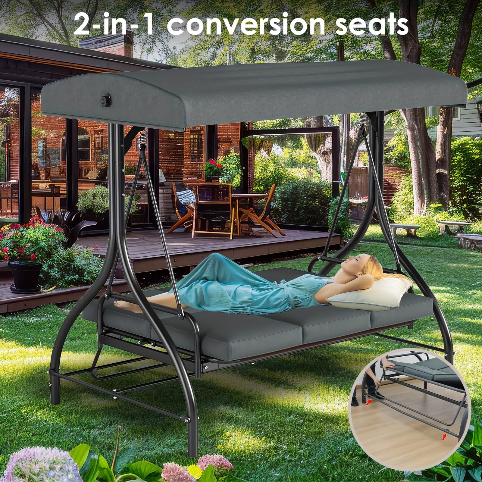 2-in-1 conversion porch swing set bed in a garden setting with a house in the background.
