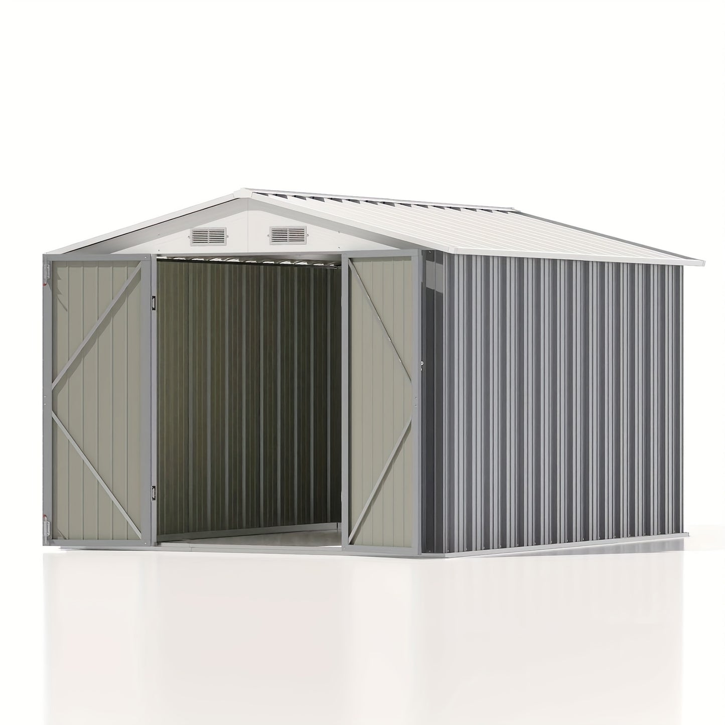 Metal storage shed with open door on a white background