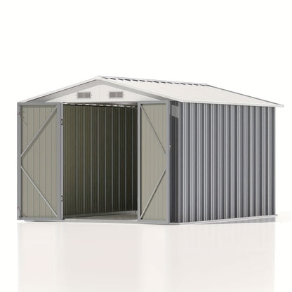 Metal storage shed with open door on a white background