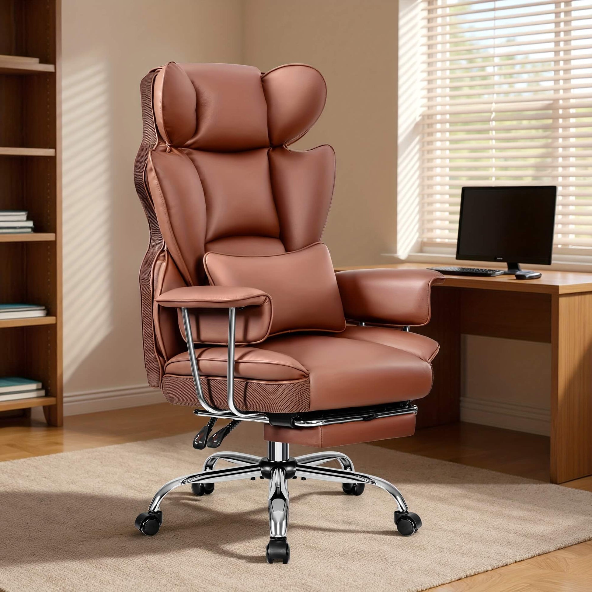 Brown executive office chair in a home office setting with a desk and computer.