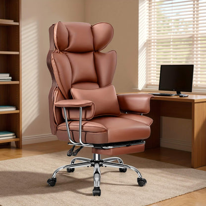 Brown executive office chair in a home office setting with a desk and computer.