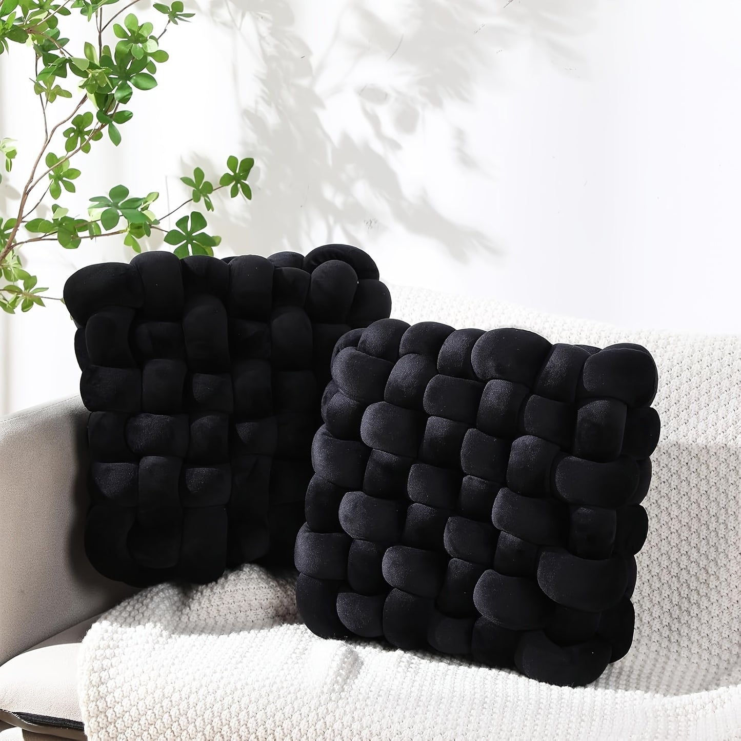 Two black textured pillows on a white couch with a plant in the background