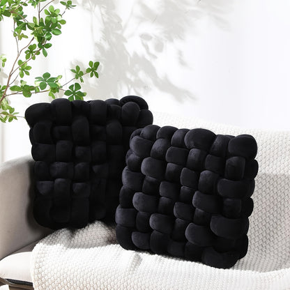 Two black textured pillows on a white couch with a plant in the background