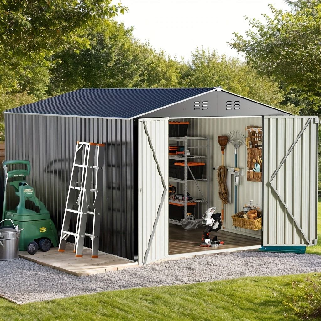 Modern outdoor shed​ with open doors, showing tools and equipment inside, surrounded by greenery.