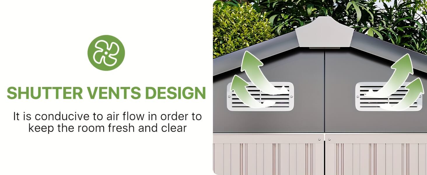 Shutter vents design on a storage shed with text explaining air flow benefits.