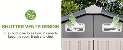 Shutter vents design on a storage shed with text explaining air flow benefits.