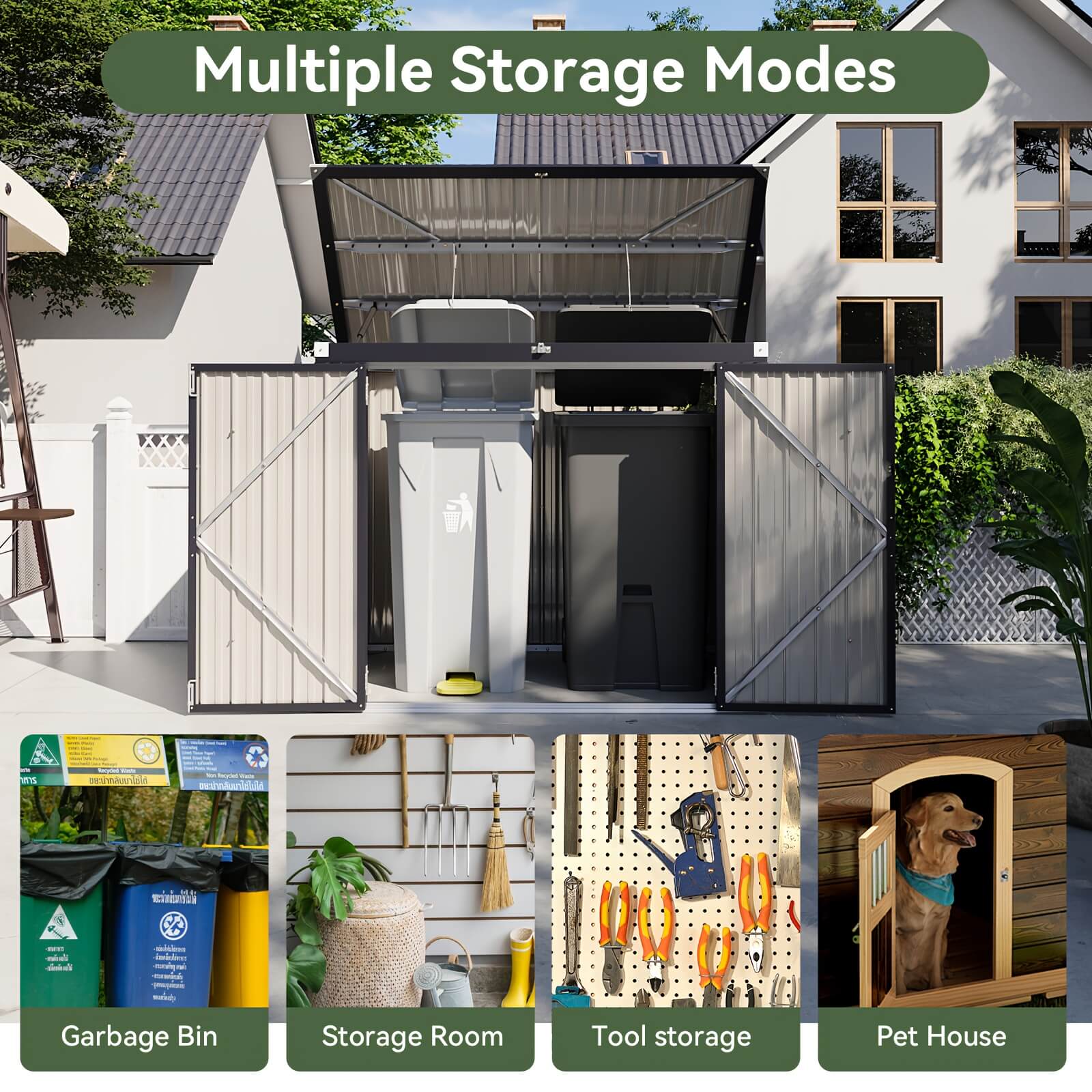 Collage of a storage unit with various modes including garbage bin, storage room, tool storage, and pet house.
