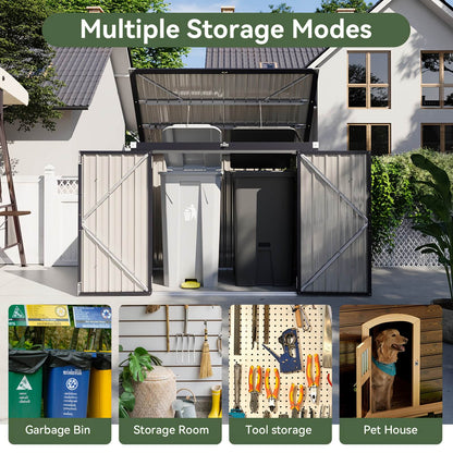 Collage of a Horizontal outdoor storage shed with various modes including garbage bin, storage room, tool storage, and pet house.