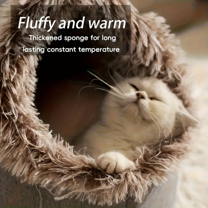 Cat sleeping in a fluffy cat cave bed with text about a thickened sponge for constant temperature.