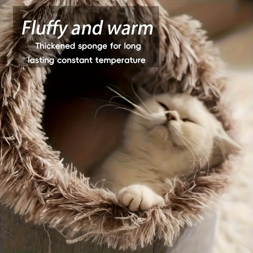 Cat sleeping in a fluffy cat cave bed with text about its warmth and temperature regulation.
