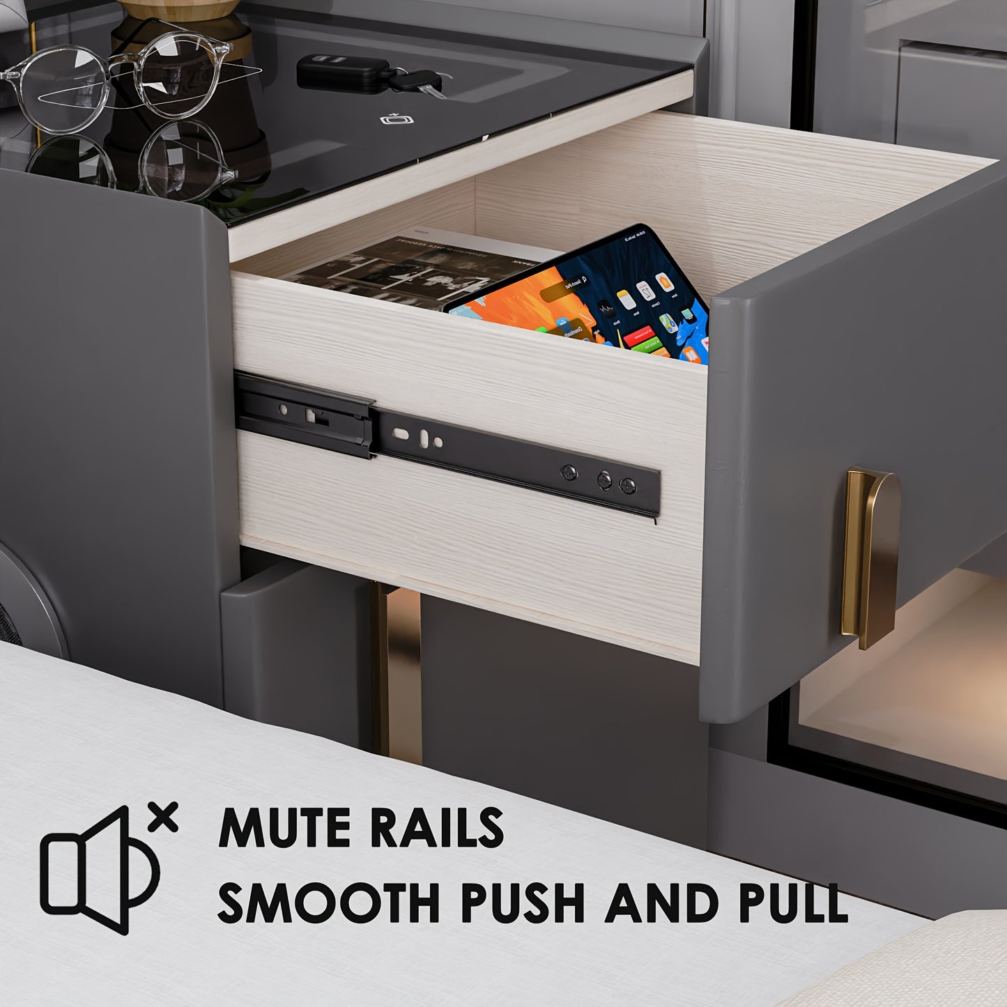 Open modern nightstand with safe with a smartphone inside, featuring mute rails text.