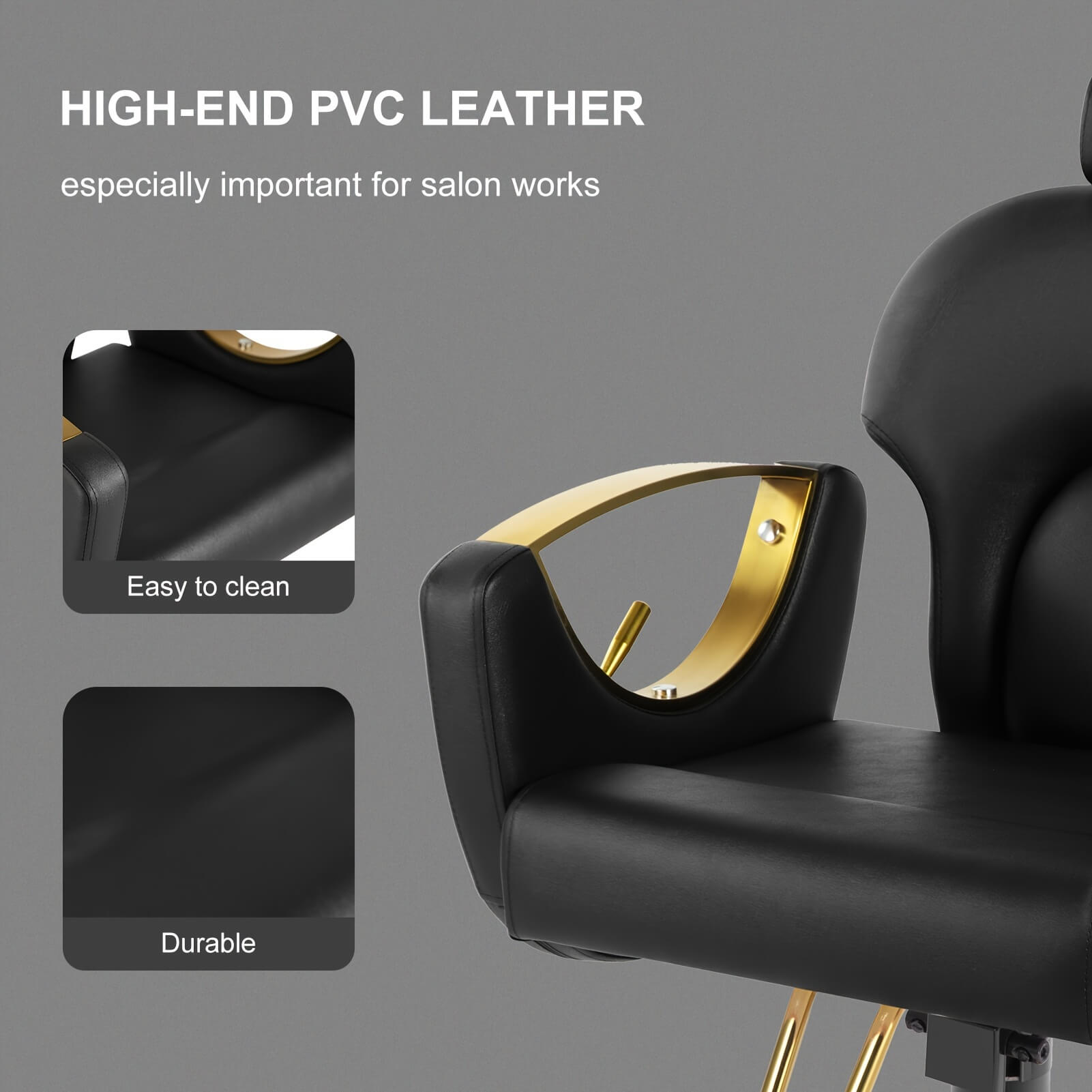 Black reclining barber chair with gold accents on a gray background, highlighting high-end PVC leather.