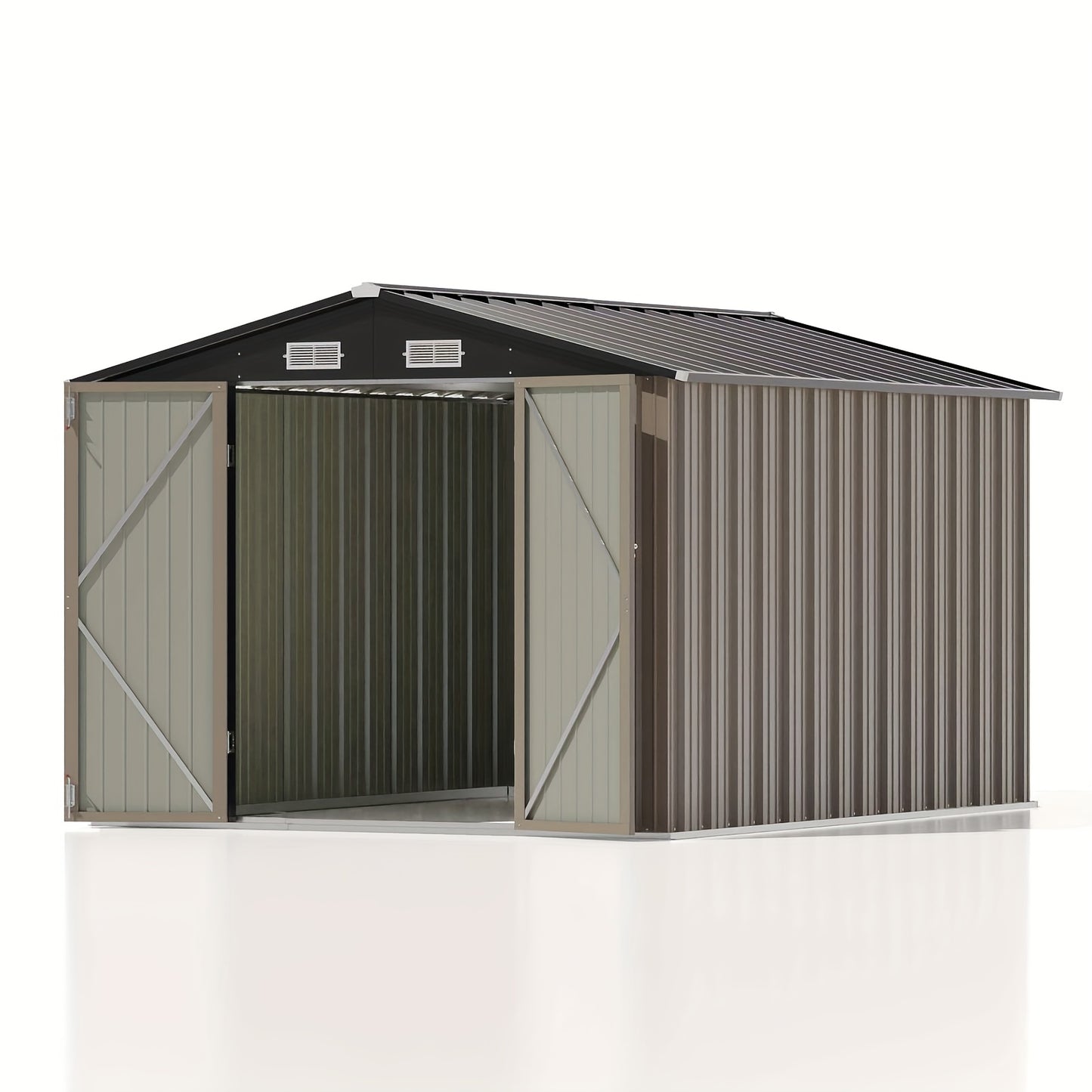 Metal storage shed with open door on a white background