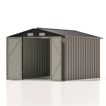 Metal storage shed with open door on a white background
