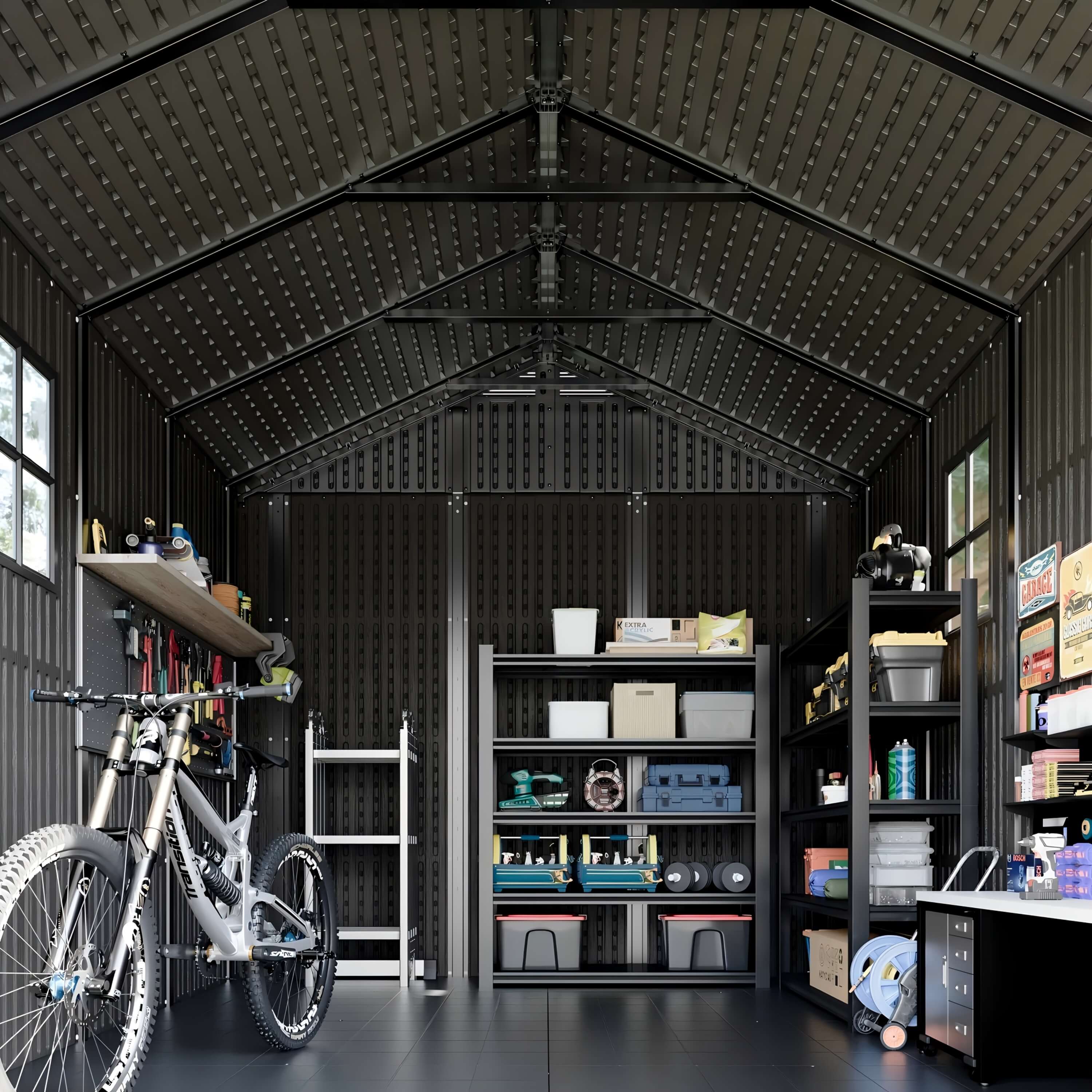 Storage shed interior with shelves, boxes, and a bicycle.