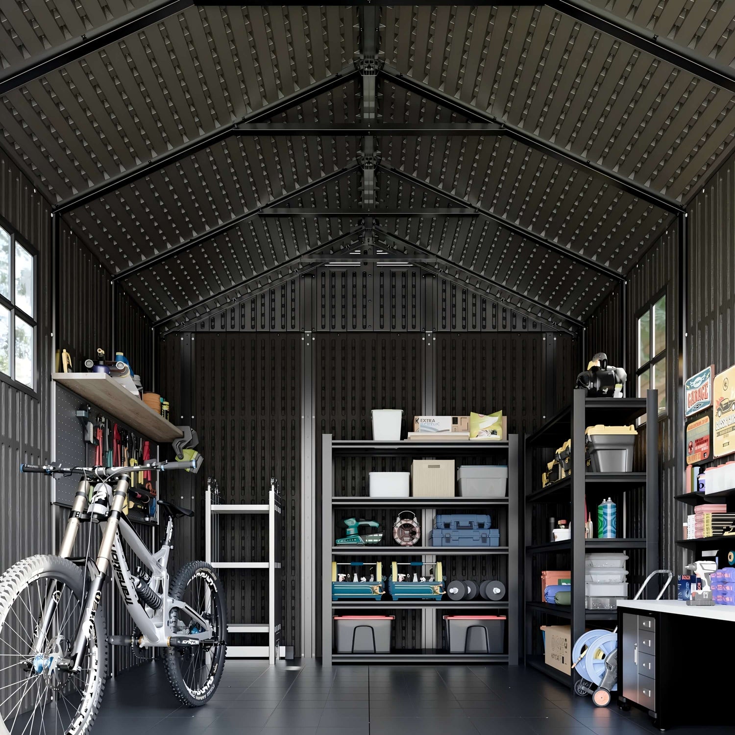 Resin outdoor storage shed interior with shelves, boxes, and a bicycle.