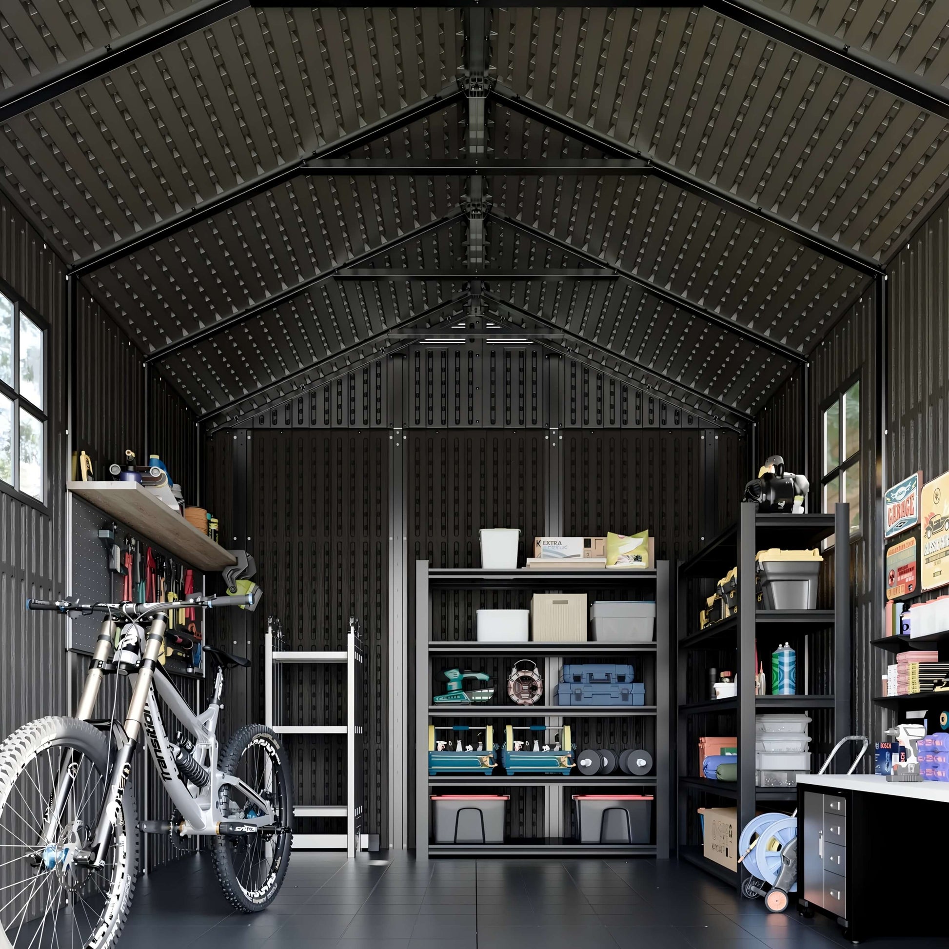 Resin outdoor storage shed interior with shelves, boxes, and a bicycle.
