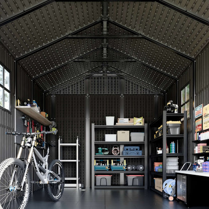 Resin outdoor storage shed interior with shelves, boxes, and a bicycle.