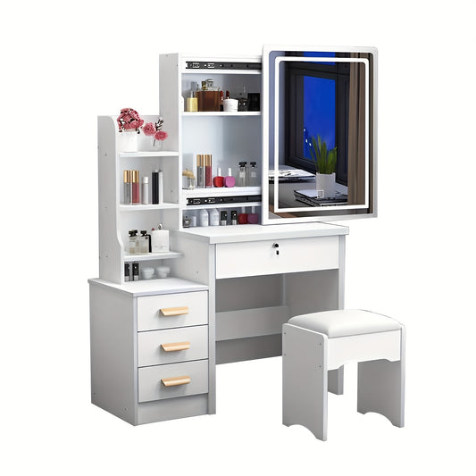 White vanity desk with mirror, shelves, and stool on a white background