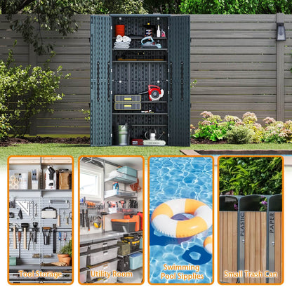 Resin outdoor storage shed with various items, surrounded by garden elements.
