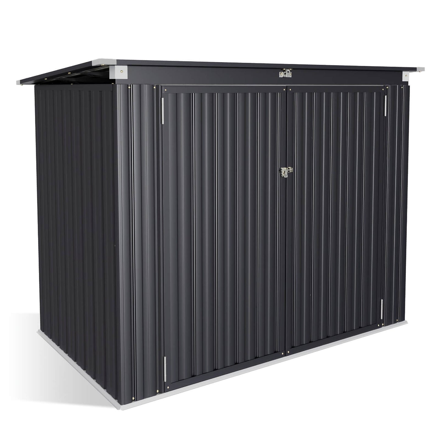 Black horizontal outdoor storage shed with a door on a white background