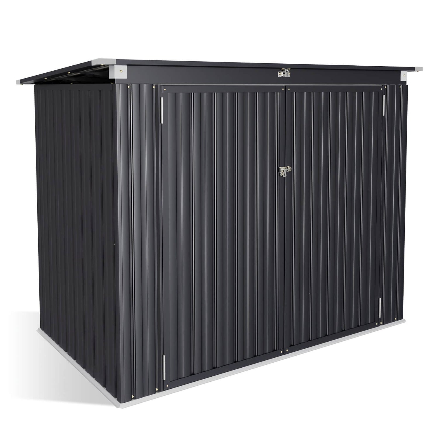 Black horizontal outdoor storage shed with a door on a white background