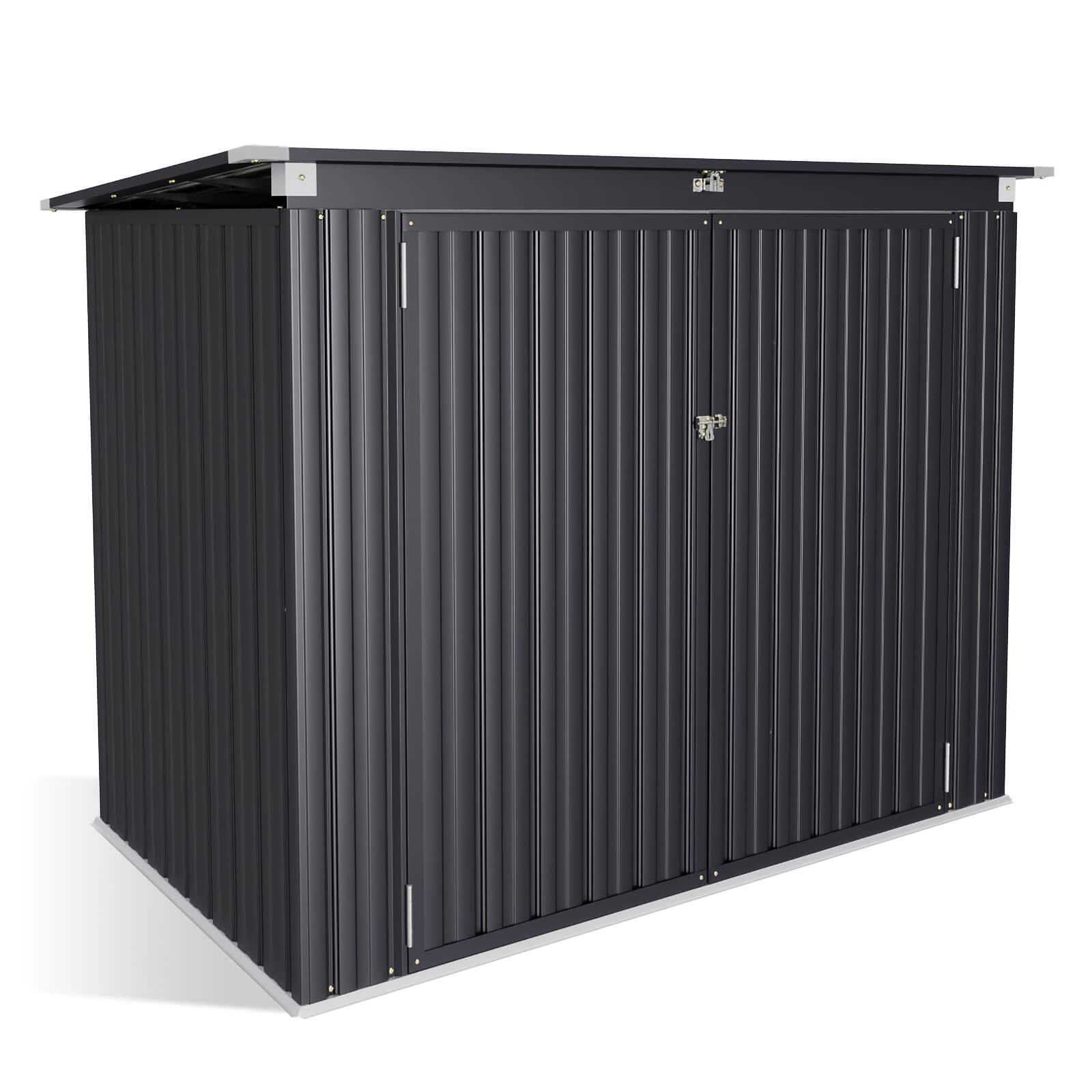 Black horizontal outdoor storage shed with a door on a white background