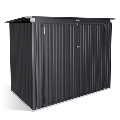 Black horizontal outdoor storage shed with a door on a white background