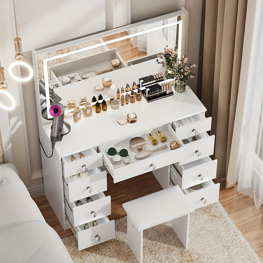 White vanity table with multiple drawers, mirror, and cosmetic items in a room setting.