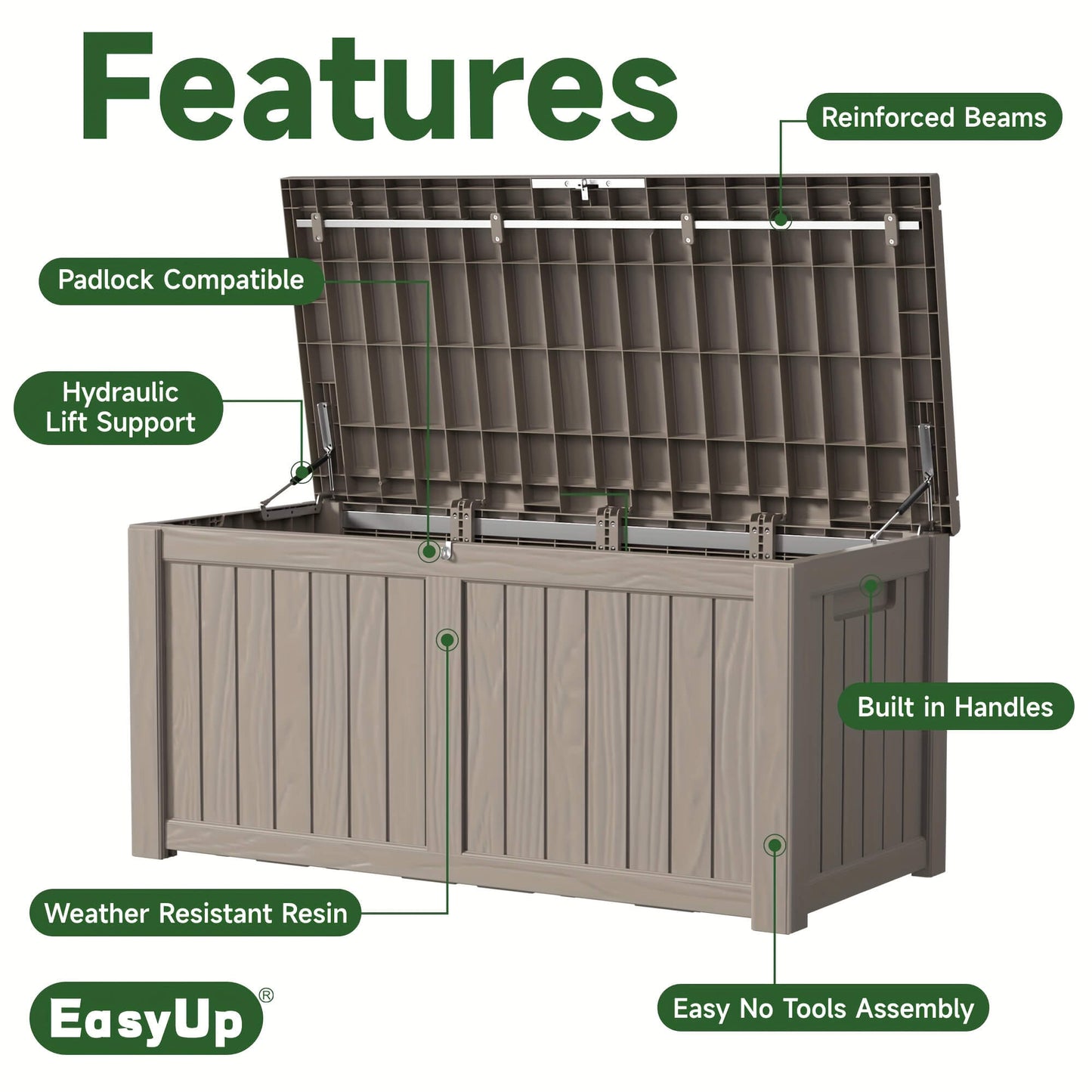 Outdoor Storage Box with features highlighted on a white background