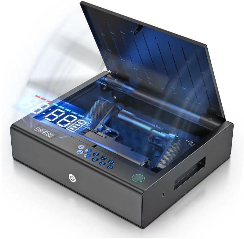 Black hand gun safe with open lid displaying blue lights on a white background